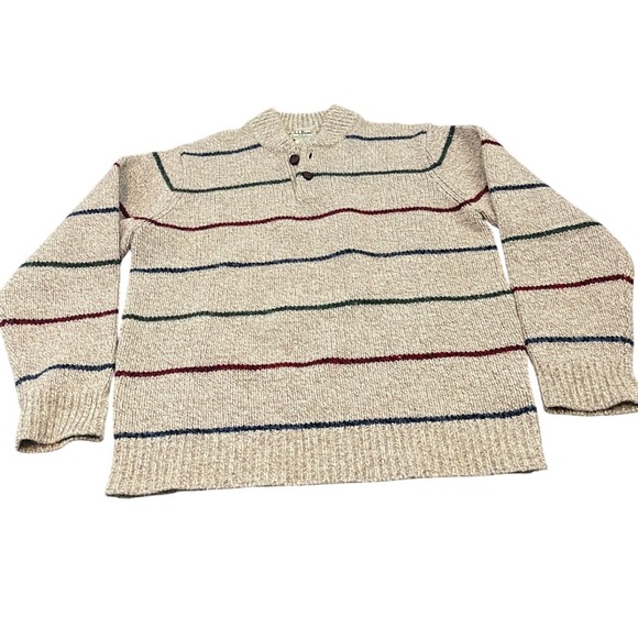Vintage LL Bean Henley Sweater Mens M Beige Striped 100% Lambswool Pullover